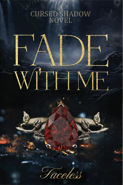 Fade With Me cover. Gold title lettering over a dark waterfall, above a red pear-cut gemstone ring with gold leaves.