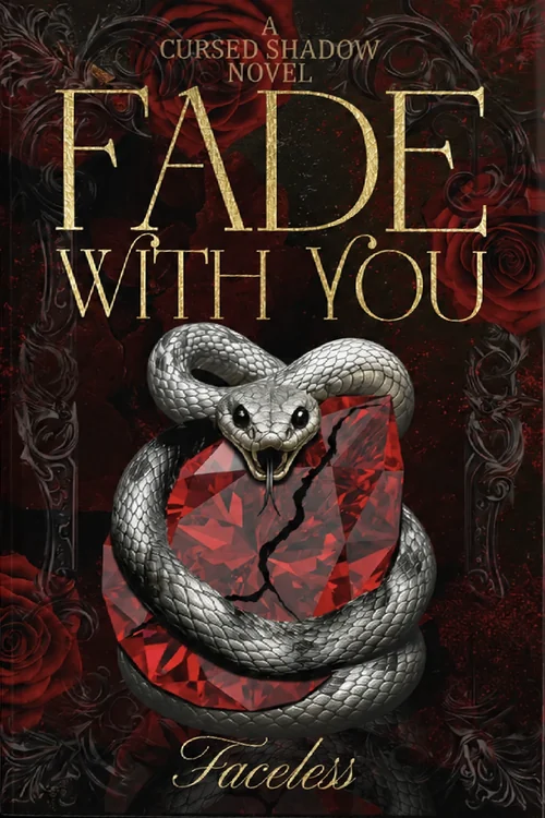 Fade With You cover. Gold title lettering over dark red roses, above a silver snake coiled around a cracked red heart-shaped gem.