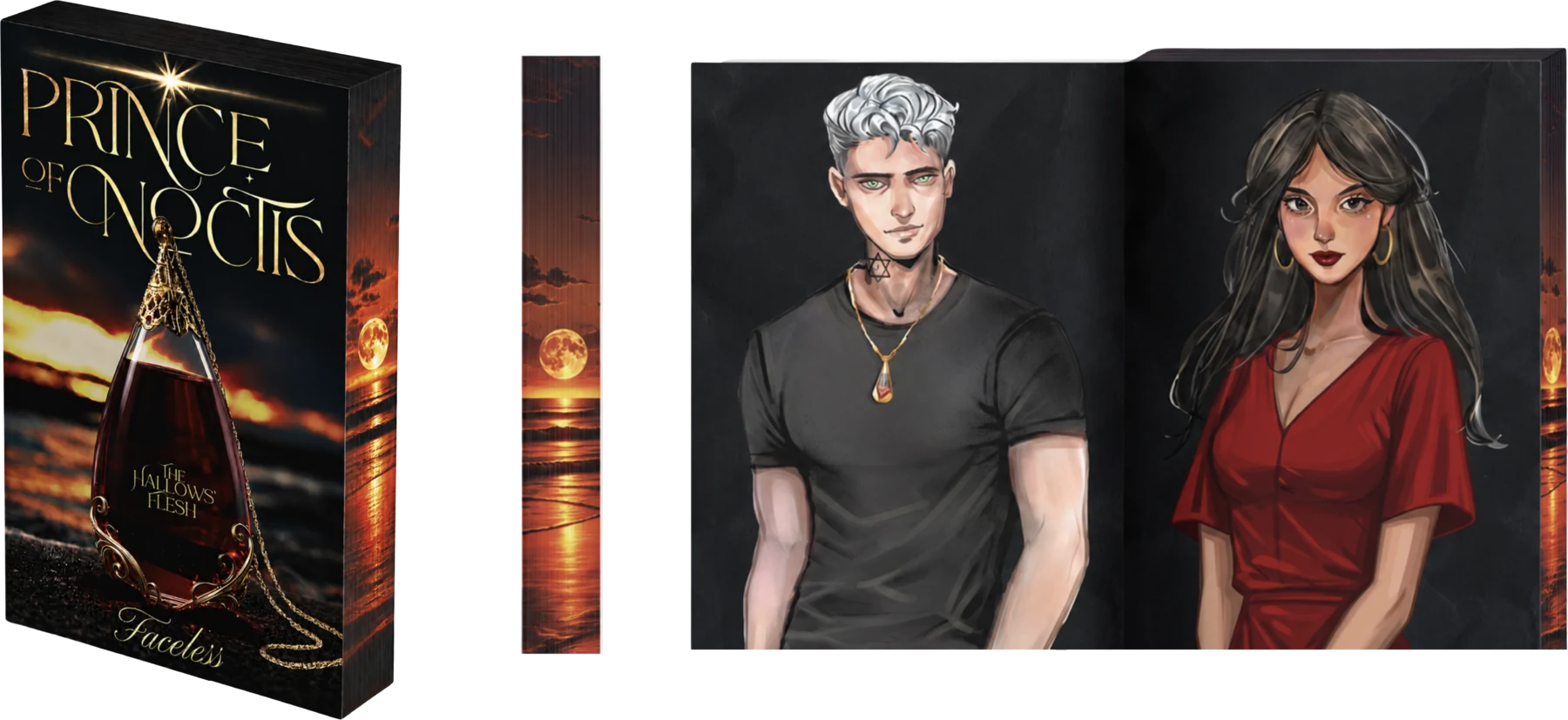 Prince of Noctis Collector’s Edition: the book with sunset artwork printed across its page edges, its spine, and a full-colour illustrated spread of two characters inside.