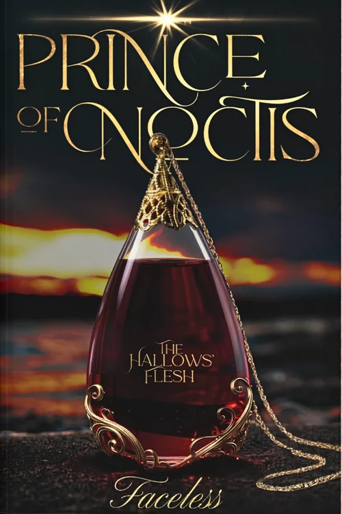 Prince of Noctis cover. Gold title lettering above a teardrop glass vial of dark red liquid on a gold chain, lettered The Hallows’ Flesh, with a sunset behind it.