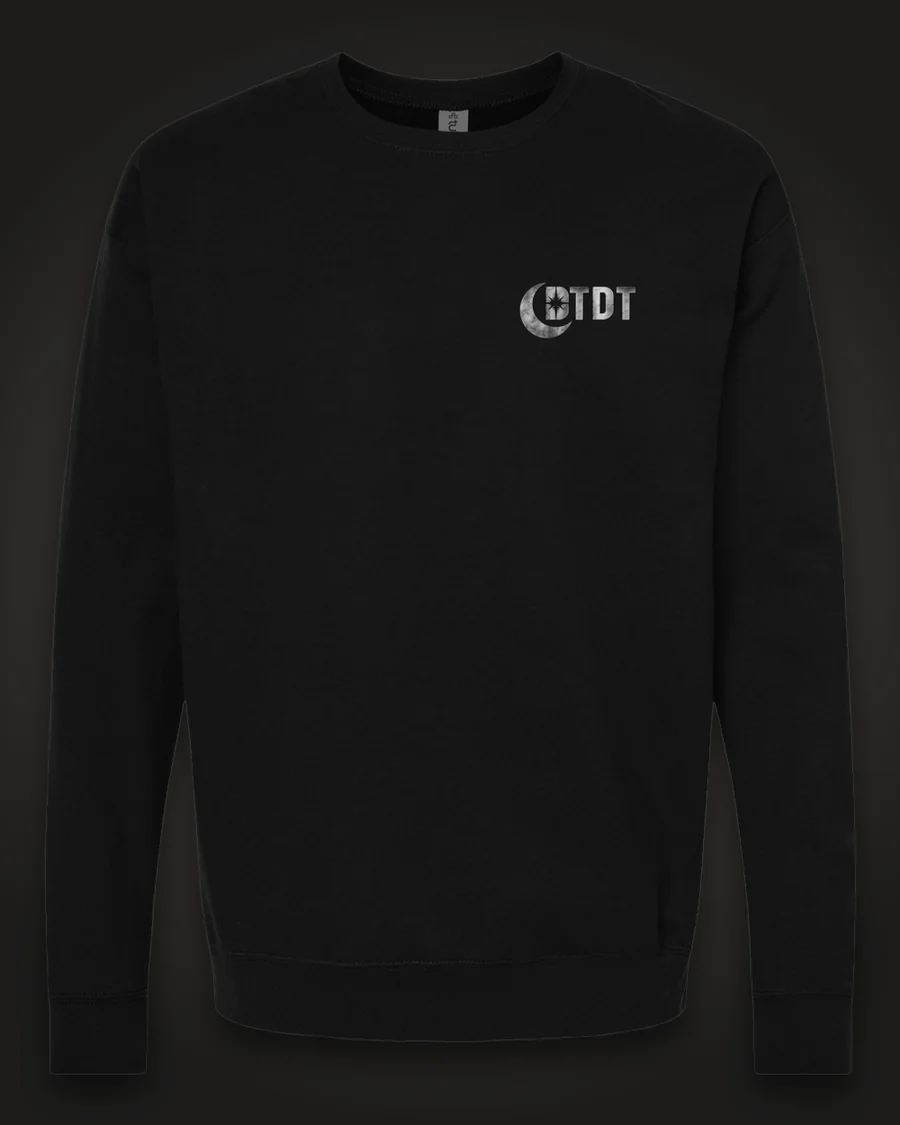 Mockup, front: black crewneck with the DTDT crescent mark in brushed silver on the left chest.