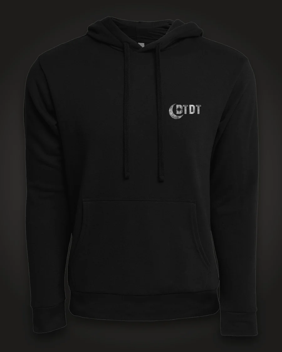 Mockup, front: black hoodie with the DTDT crescent mark in brushed silver on the left chest.